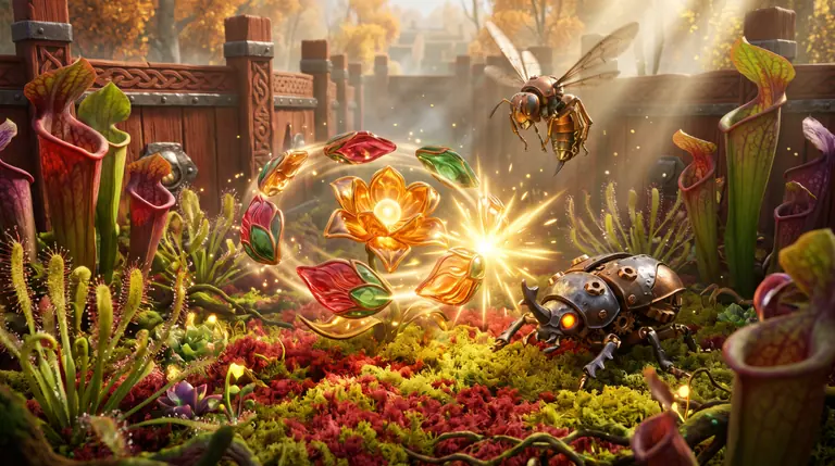 A glowing amber flower avatar spinning a ring of ruby and jade petals, fusing identical petals in a golden flash while battling a bronze bog-beetle and marsh-hornet.