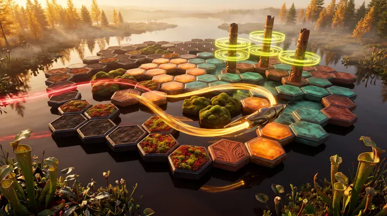 A brass surveyor craft looping a glowing amber tail around hexagonal cedar-and-moss tiles and pulsing totem spires while a crimson rival trail races to intercept.
