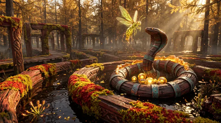 A jewel-scaled copper and amber serpent coiling around glowing nectar orbs in a sunlit bog channel while a winged stained-glass juja creature rises above.