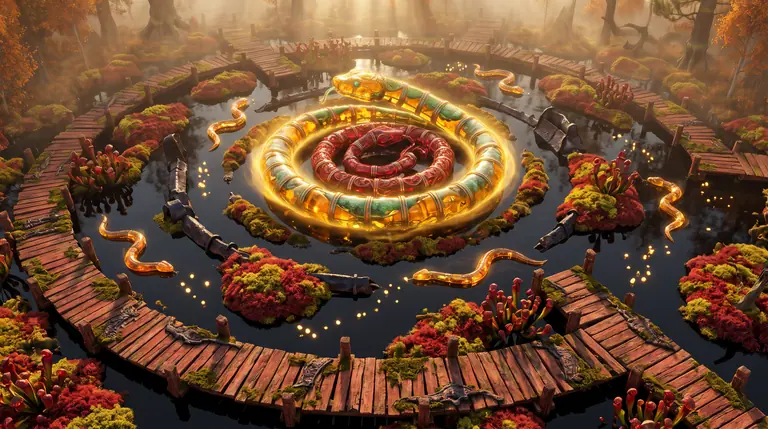 A massive glowing amber-and-teal serpent boosting to tighten a concentric coil around a rival crimson serpent amidst drifting golden pellets.
