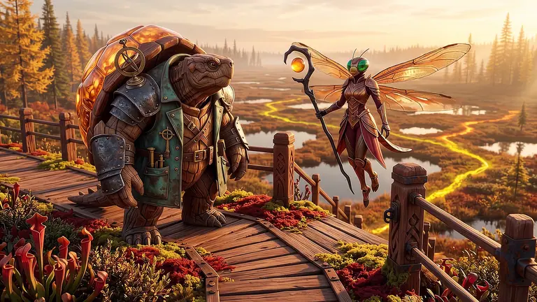 Warden Muskor Vael and Mazira Kestrel surveying a sunlit hexagonal red-cedar boardwalk labyrinth where glowing amber and chartreuse trails wind across dark bog pools.