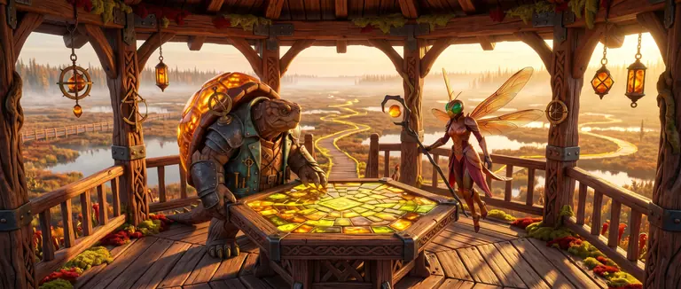 Warden Muskor Vael and Mazira Kestrel studying a glowing hexagonal territory table inside an open-air cedar observatory overlooking the sunlit peatland maze.